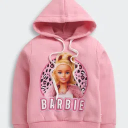 Barbie by Tiny Girl Woven Mattel Featuring Full Sleeves Character Printed Light Winter Hooded Sweatshirt - Pink-picture-26