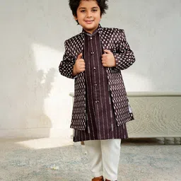 AJ Dezines Jacquard Woven Full Sleeves Floral Embroidered Kurta Pant With Sherwani Jacket Set - Purple-image-17