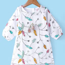 Babyhug Woven Three Fourth Sleeves Kurta & Gharara Set with Dupatta Sequin & Leaf Embroidery - White image 2