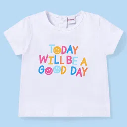 Babyhug Terry Knit Full Sleeves Front Open Floral Embroidered Sweatshirt & Lounge Pant Set with Text Printed T-Shirt -Blue & White image 2