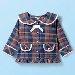 ToffyHouse Cotton Woven Full Sleeves Checks Party Top & Skirt Set With Leggings - Navy Blue image 2