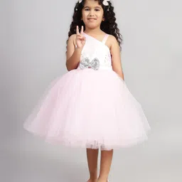 Toy Balloon Kids Net Sleeveless Bow Applique Detailed Sequins Embellished Stars Glitter Printed Dress - Pink image 4