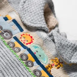Yellow Apple Knit Full Sleeves Romper with Train & Animal Design - Grey image 3