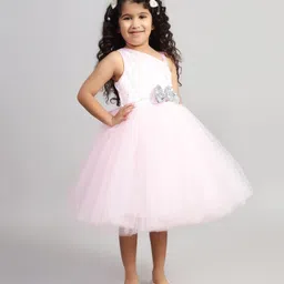 Toy Balloon Kids Net Sleeveless Bow Applique Detailed Sequins Embellished Stars Glitter Printed Dress - Pink image 5