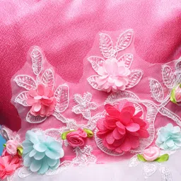 Babyhug Woven Sleeveless Mesh Party Dress with Floral Applique - Pink & White image 4