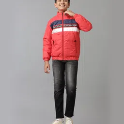 Under Fourteen Only Full Sleeves Striped & Typography Printed Light Winter Jacket - Red image 4
