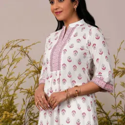 Libas White Cotton Printed A Line Short Kurti image 2