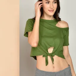 chimpaaanzee Chimpanzee Green Cotton Regular Fit Crop Top image 1