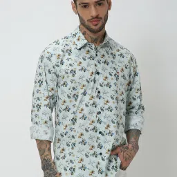 Mufti Light Green Slim Fit Floral Print Cotton Linen Shirt image 1