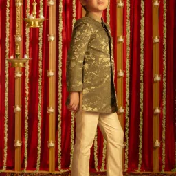 VASTRAMAY Boys Green & Cream Self Full Sleeves Indowestern Sets image 2