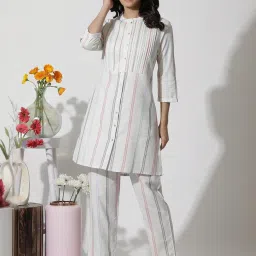 W White Striped Kurti Pant Set image 2