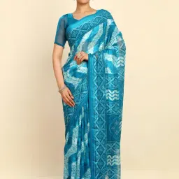 Soch Womens Turquoise Blue Chiffon Abstract Print Saree-image-51