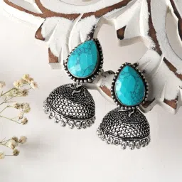 Teejh Ethnic Shanya Turquoise Stone Silver Oxidized Jhumki Earrings image 1
