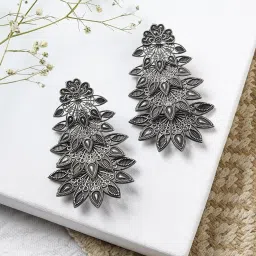 Teejh Ethnic Abhinaya Silver Oxidized Floral Dangler Earrings image 1