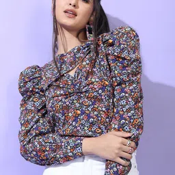 Tokyo Talkies Blue Floral Print Crepe Blouson Top-image-30