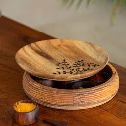 ExclusiveLane Light Brown Mango Wood Burnt Leaf Handcrafted Spice Box with Spoon & Containers image 1