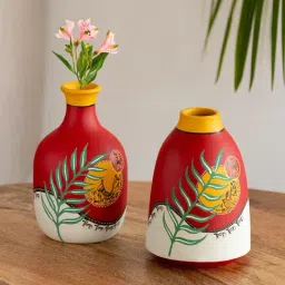 ExclusiveLane Red & White Terracotta Leafy Warli Tales Hand Painted Vase - Set of 2-image-34