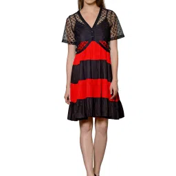 PATRORNA Red & Black Color-Block Fit & Flare Dress With Shrug image 1