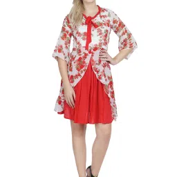 PATRORNA Red & White Floral Print A Line Dress image 1