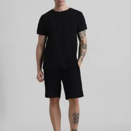 Jack & Jones Jet Black Regular Fit Self Design Cotton Shorts image 1