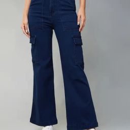 DOLCE CRUDO Blue Flared Fit High Rise Stretchable Cargo Jeans-picture-18