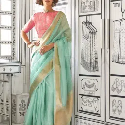 Vardha Mint Green Striped Saree With Unstitched Blouse-image-16