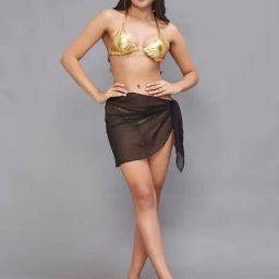 Secrets By ZeroKaata Golden & Black Plain Swim Bikini Set With Sarong-picture-21