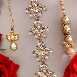 OOMPH Gold Tone Kundan & Pearls Floral Wedding Delicate Maang Tikka Pack of 3-image-22