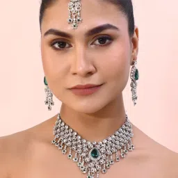 VOJ Silver Plated Cz-Stone Studded with Green Stone Choker Set with Mangtikka for Women image 2