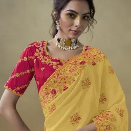 Odette Yellow Georgette Embroidered Saree With Unstitched Blouse image 2