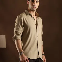 Campus Sutra Khaki Beige Solid Waffle-Weave Shirt image 3