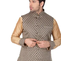 VASTRAMAY Black Straight Fit Brocade Nehru Jacket image 4