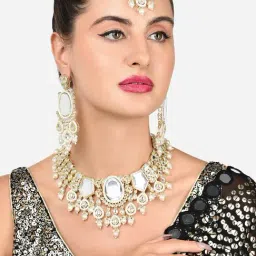 Zaveri Pearls Gold Tone Kundan Bridal Statement Necklace Earring Maangtikka Ring Set-ZPFK15997-picture-25
