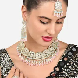 Zaveri Pearls Turquoise Blue Pink Drop Kundan Choker Necklace Earring Maangtikka Ring Set-ZPFK16015-picture-23