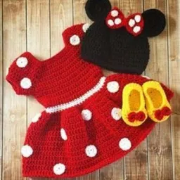 MayRa Knits Sleeveless Polka Dot Designed  Woollen Dress With Cap And Booties - Red-image-26