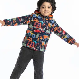 Babyhug Full Sleeves Hooded Jacket with Vehicles Print - Navy Blue-picture-15