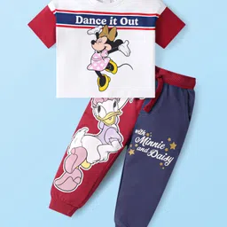 Babyhug Disney Cotton Knit Half Sleeves T-Shirt & Lounge Pant Set With Minnie Mouse & Daisy Graphics - White & Red-picture-11