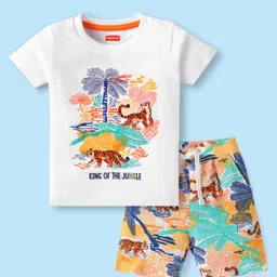 Babyhug Single Jersey Knit Half Sleeves T-Shirt & Shorts Set With Tiger Print - White & Multicolor-picture-31