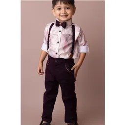 LITTLE COLLARS Full Sleeves Leaves Printed Shirt & Trousers With Suspender & Bow Set - Wine-picture-17