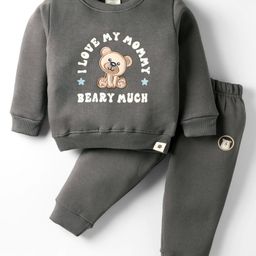 Ollypop Fleece Knit Full Sleeves Winter Wear Suit Set with I Love My Mommy & Bear Print - Ash Grey-picture-38