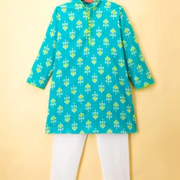 Exclusive from Jaipur Cotton Woven Full Sleeves Kurta Pajama Set With Floral Print - White & Firoji-picture-14