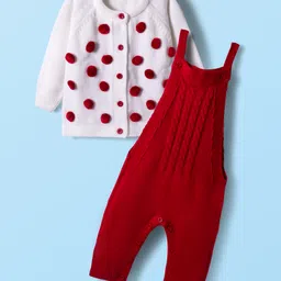 Babyhug Knit Full Raglan Sleeves Winter Wear Dungaree Style Romper with Inner Tee Polka Dot & Cable Knit Design - White & Red-picture-28