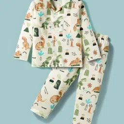 Evimo Single Jersey Knit Full Sleeves Co-ords Night Suit With Dino Print - Off White & Green-picture-15