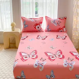 JC HOME Pink & Blue Conversational Printed 140 TC Fitted Queen Bedsheet Set 2.00 m x 1.50m-picture-40