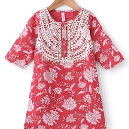 Babyhug 100% Cotton Three Fourth Sleeve Floral Printed Kurti with Gharara and Dupatta - Coral image 2