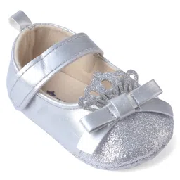 Cute Walk by Babyhug Velcro Closure Booties with Shimmer Floral Applique - Silver image 3