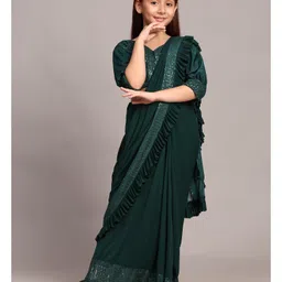 SHRITHI Fashion Fab Sinker Woven Sequins Embellished Wrap Around Saree With Unstitched Blouse Piece - Green image 5
