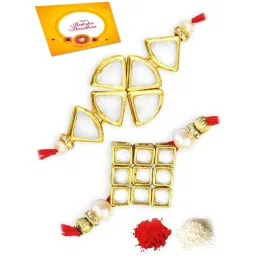 Karatcart Gold-Plated Kundan Rakhi with Roli Chawal & Greeting Card for Brother - Set of 2 image 1