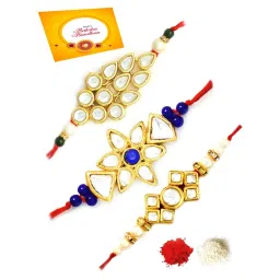 Karatcart Gold-Plated Kundan Rakhi with Roli Chawal & Greeting Card for Brother - Set of 3 image 1
