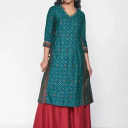 Global Desi Blue Printed A Line Kurta-image-1